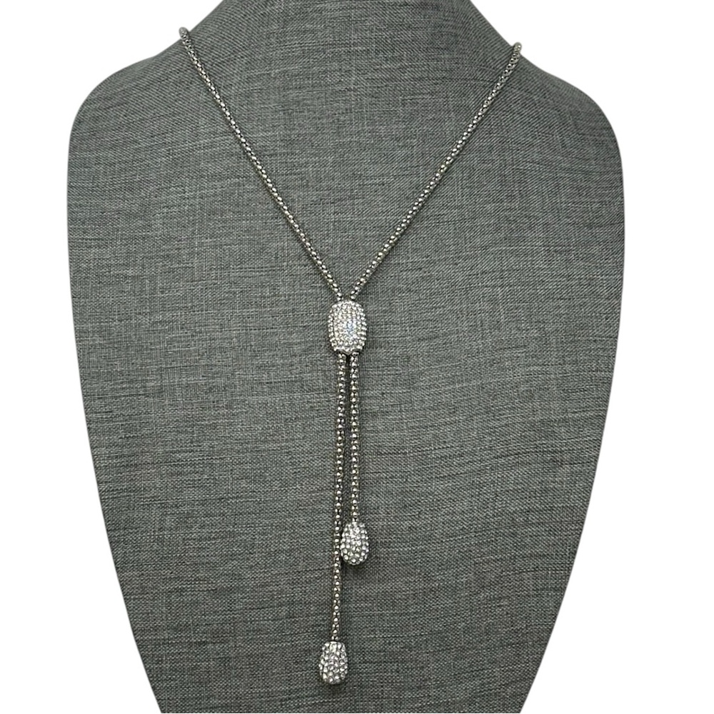 Chico’s NWT Silver Tone Long Rhinestone Lariat Bolo Necklace
